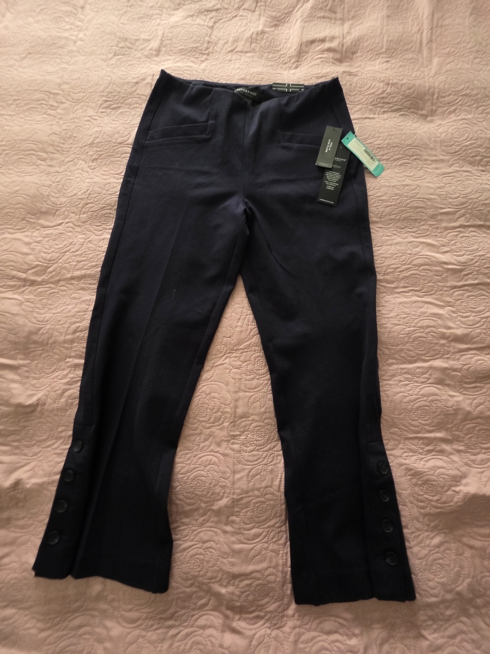 Stellah Navy Stretch Pull-On Pants with Button Hem Accents